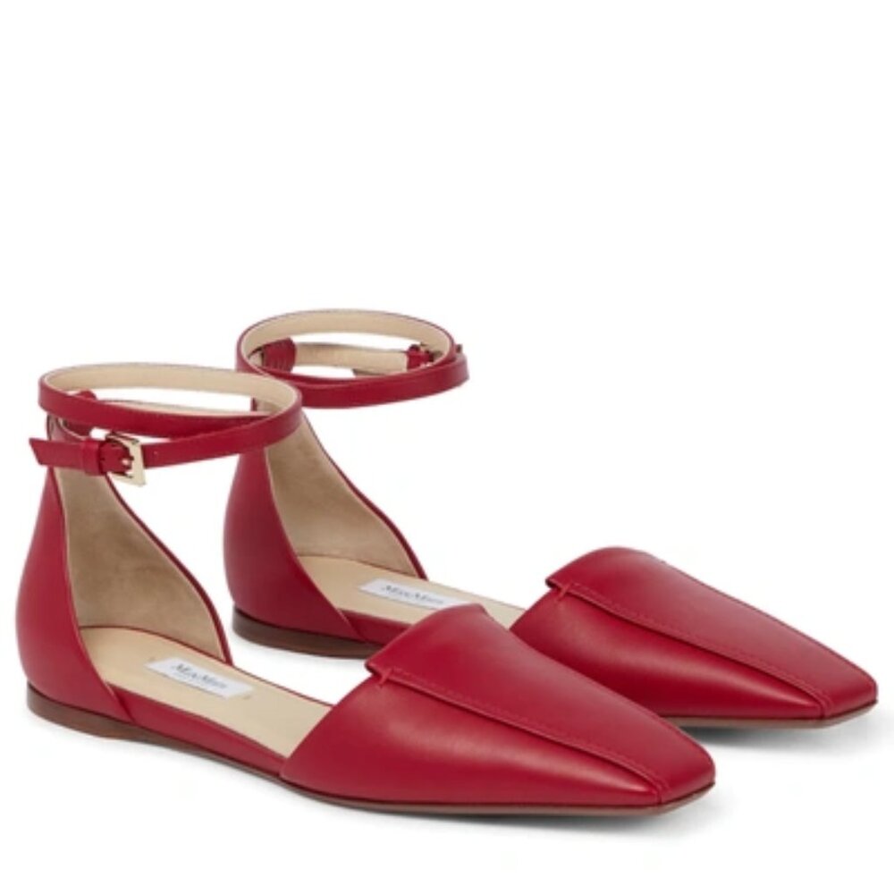 Max Mara Floren Red Leather Ballet Flats SIZE 8.5, Square Toe Flats, NEW W TAGS